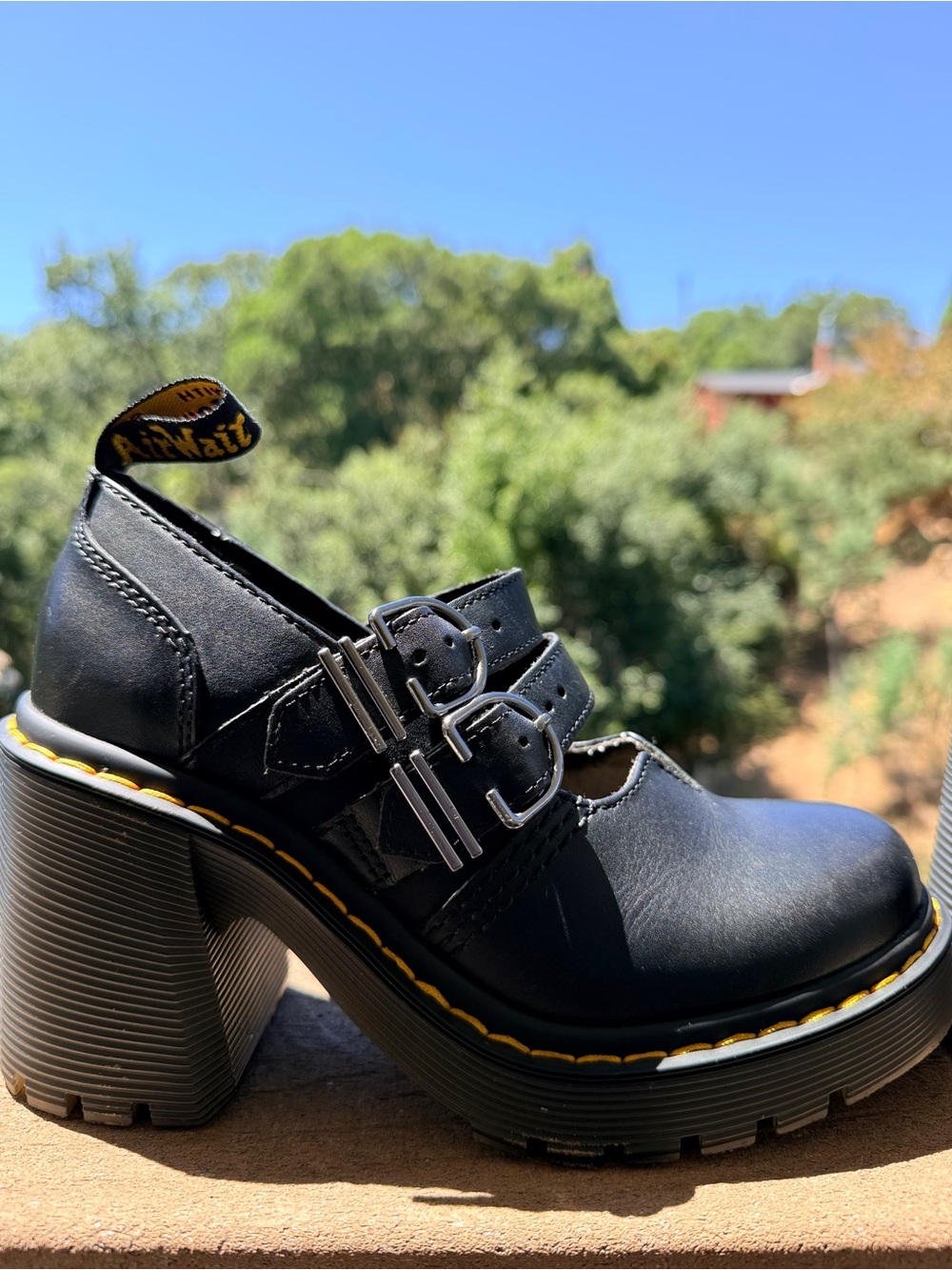 Dr. Martens Eviee - Black Double-Buckle Mary Jane Heels with Yellow Stitching - Picture 5 of 5